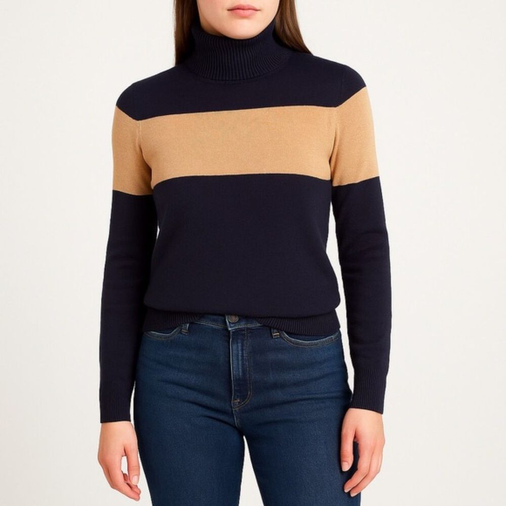 NWT French Connection Colorblock Turtleneck Sweater Navy Tan Stripe Size Large